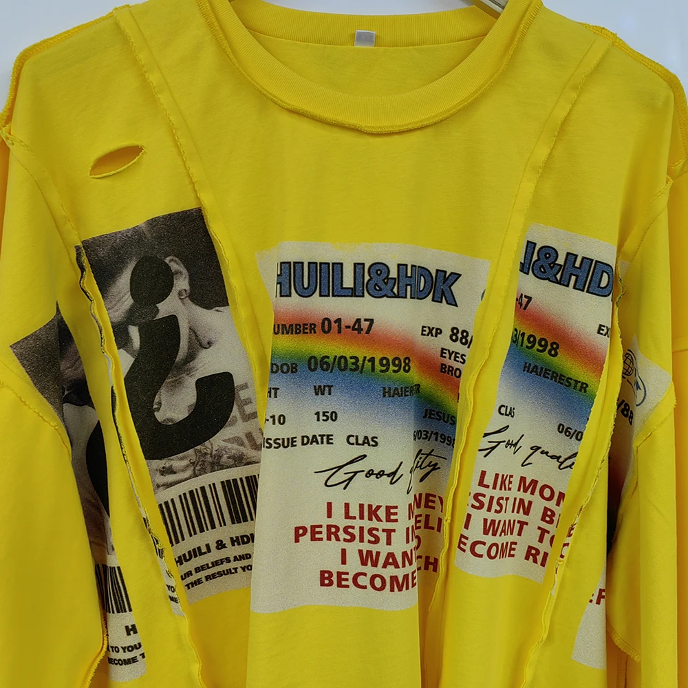 Huili New Trend Unisex Oversized Boxy Tshirts Custom Printing Men Reversed Stitching Spliced Panel Asymmetrical Raw Hem T Shirt