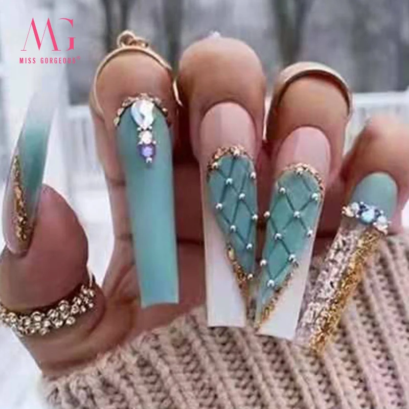 24pcs High Quality Luxury False Nails Extra Long Coffin Fake Acryl Acrylic Nails Tip Wholesale Gel Elegant Design Press On Nails