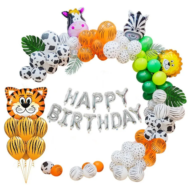 Jungle Safari Theme Party Decorations, Forest Wild Animal Balloons Happy Birthday Banner Balloon Garland Palm Leaves Decoration