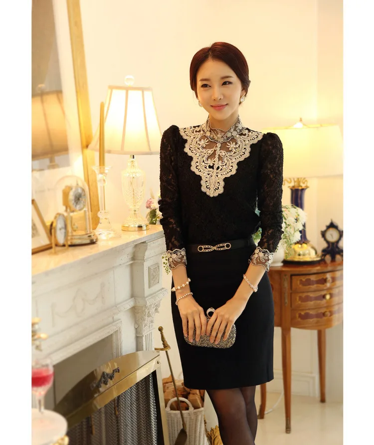 New Women Lace Crochet Hollow Out Tops Pearl Long Sleeve Blouses And Shirts Casual Female Plus Size Blouse