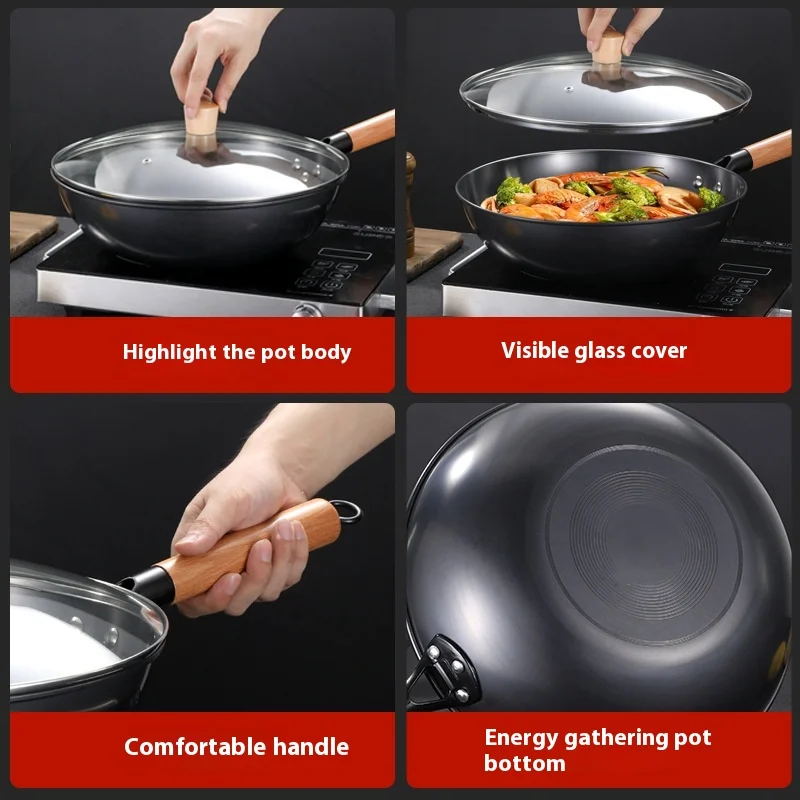Multifunctional Iron Wok with Glass Lid Household Nitriding Universal Wok for Induction Cooker Gas Stove Uncoated Wok Wholesale