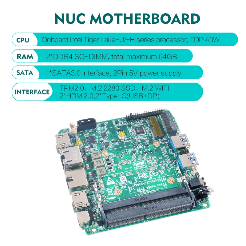 Zunsia 11th Gen Tiger Lake-U Core I3 I5 i7 2*HDMI2.0 2*Type-C Linux Motherboards 2*DDR4 64GB RAM SSD 12V Mini PC Nuc Motherboard