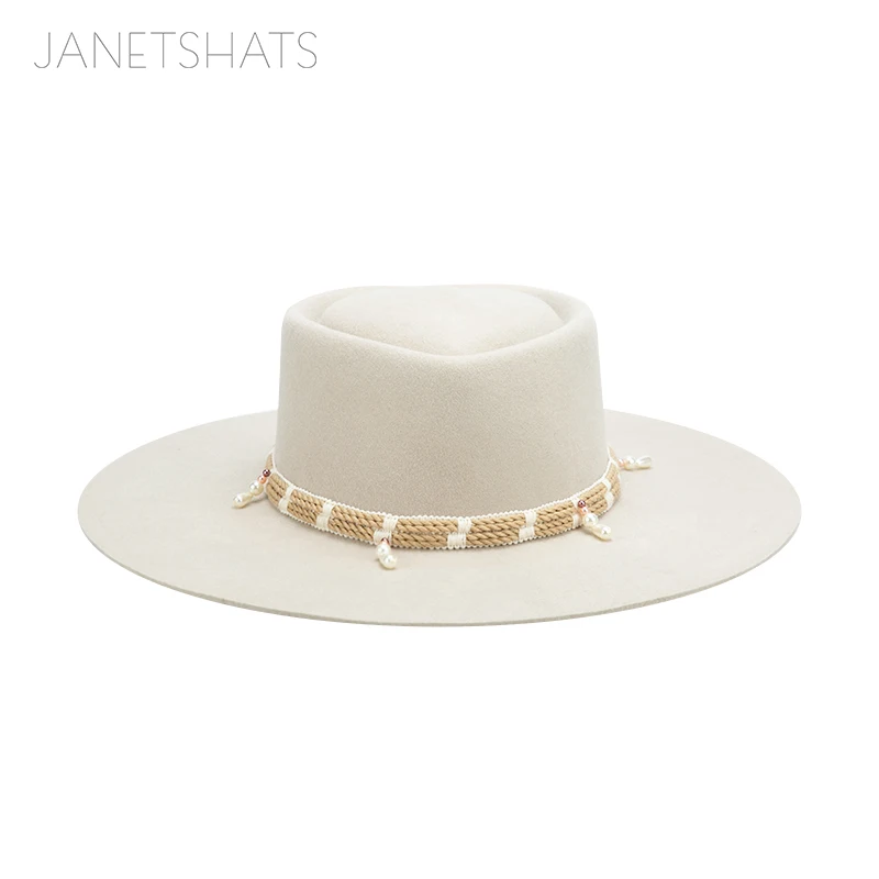 Custom Vintage Design 100Australia Wool Felt Satin Lined Heart Prok Pie Fashionable Beige Wide Brim Fedora Hat With Rope Band