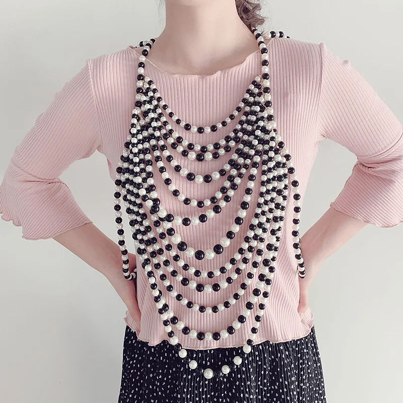 Wholesale Wedding Dress Accessories Pearl Necklace Long Multilayer Beaded Sweater Chain Exaggerated Big Body Chain