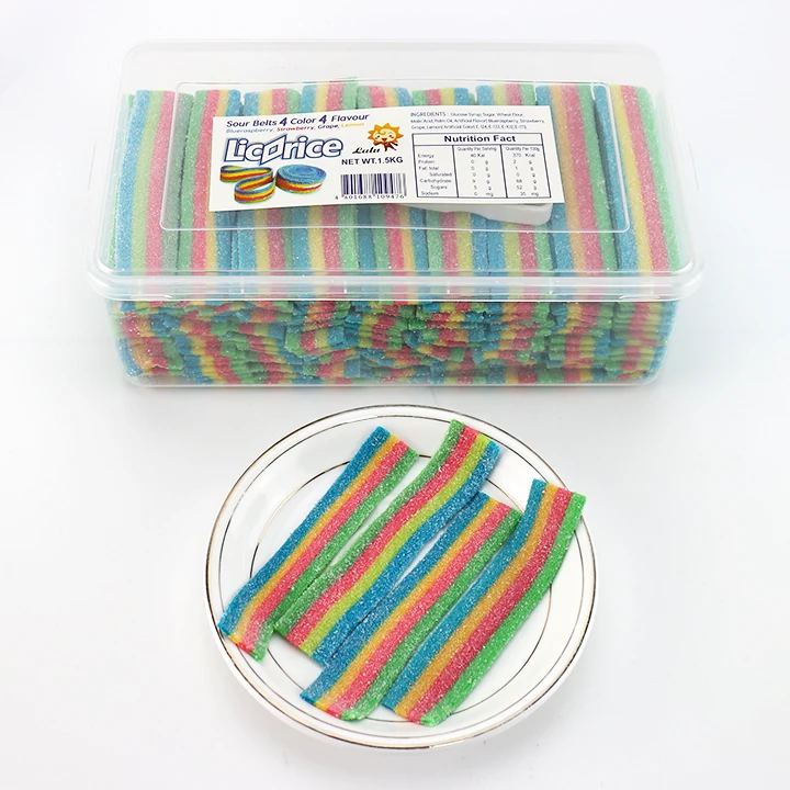 11cm Rainbow ribbon shape sour long chewing soft gummy candy in plastic box