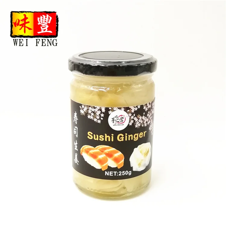 Chinese Brand Supplier Wholesale Price Bottle Japanese Gari Yellow 250g Glass Jar Sliced Sushi Ginger Pickled