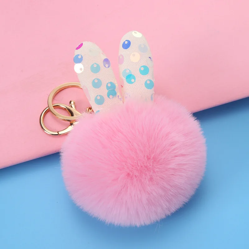 Wholesale Fancy Fluffy Faux Fur Key Ring Pompom Rabbit Ear Keychain For Women Girl DIY Bag Car Key Pendant