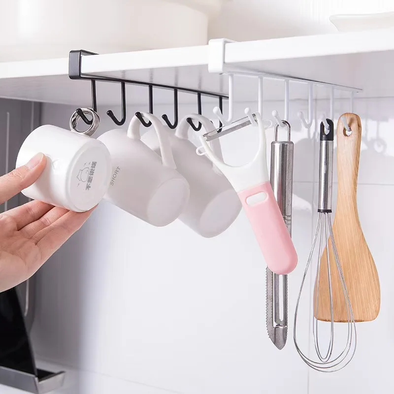 6 Hooks Coffee Cup Mug Holder Black White Hooks Shelf Multifunction Kitchen Cabinet Sundries Organizer Storage Hanger