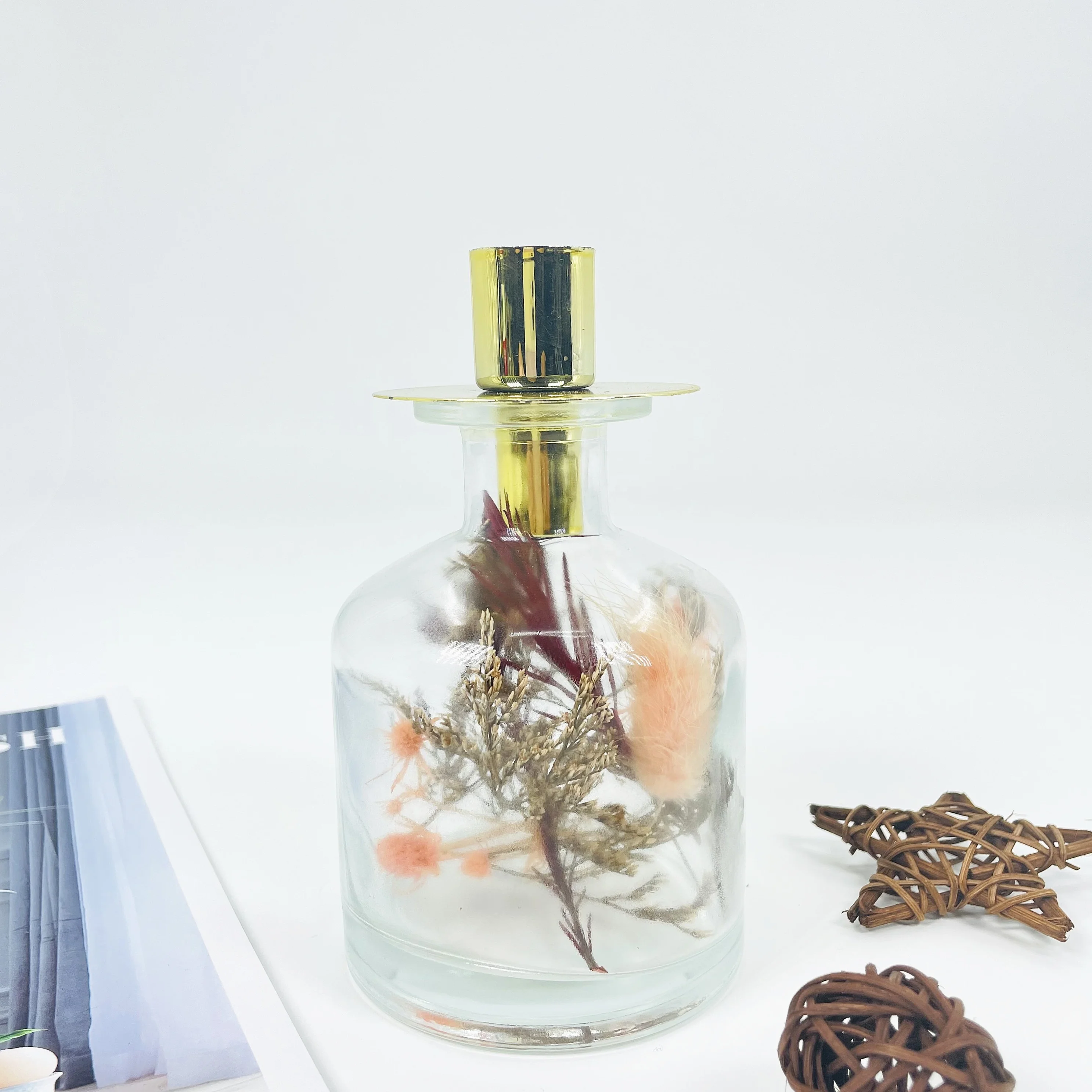 handmade glass candle holder with dried flowers for Nordic market