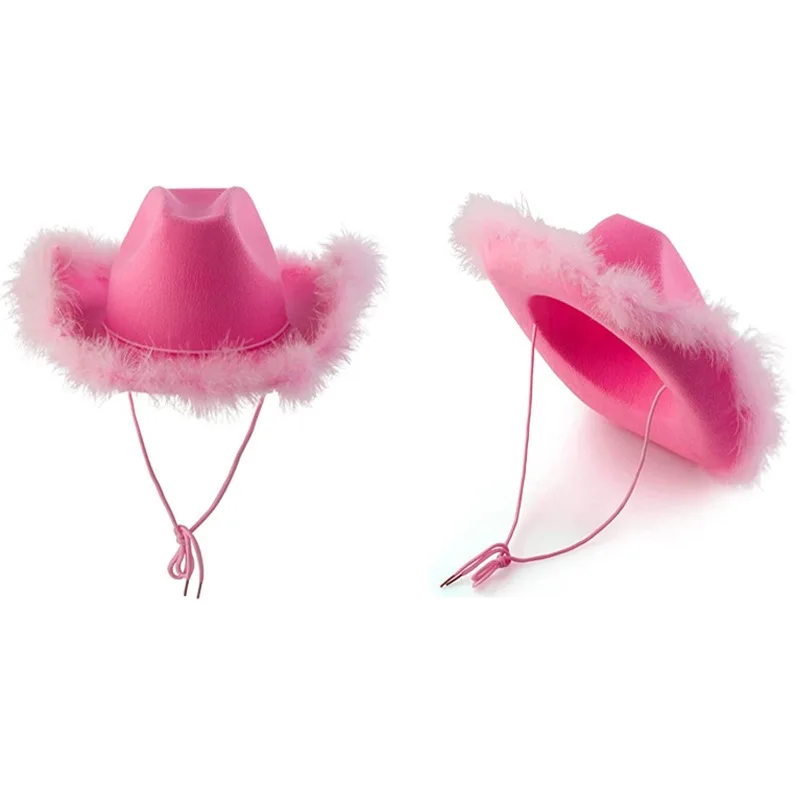 2022 Pink Felt Western Cowgirl Hat For Women Girl Female Cowgirl Hat  fashion blank fitted Party Pink Princess cap Cowboy Cap