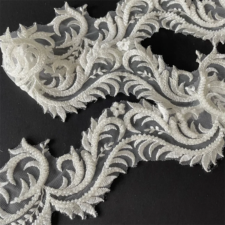 Factory Customized 9cm embroidery beaded border lace trim for wedding gown