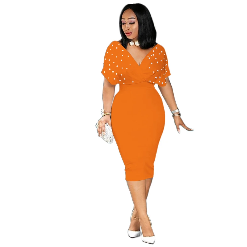 
Sexy butterfly sleeves V-neck solid color elegant bag hip pencil skirt plus plain fashion pearl professional tight dress 