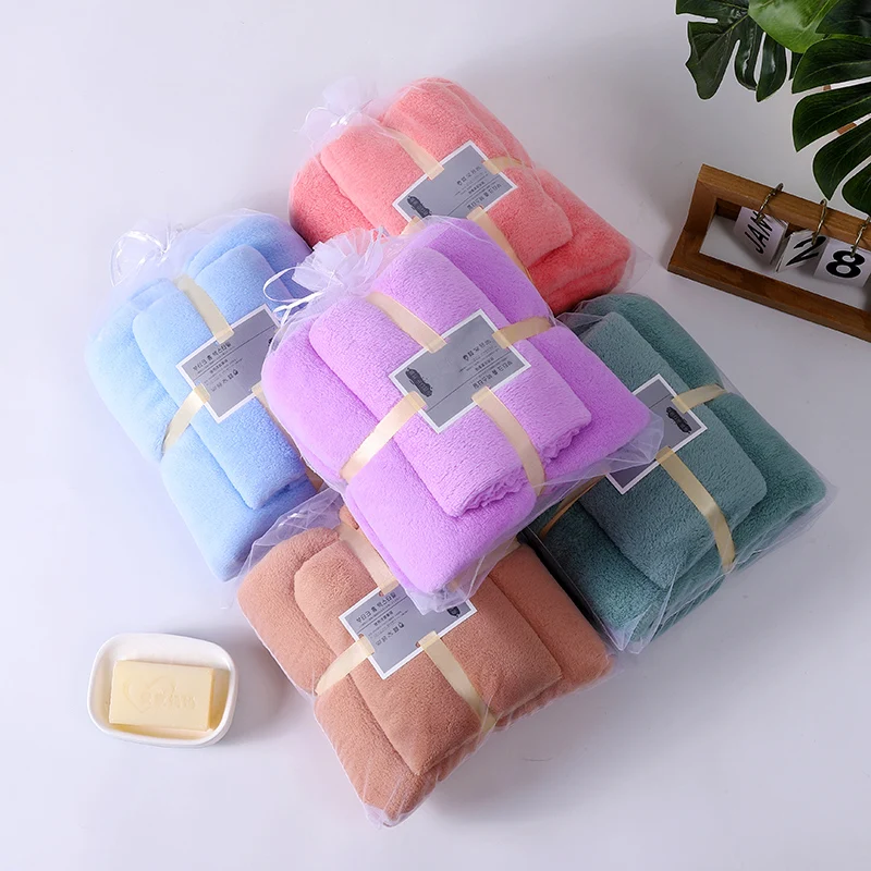 wholesale 2pcs set coral fleece bath custom blank Water Absorbent Plain Drying Ultra Fine Home Use Microfiber Bath Towel Set