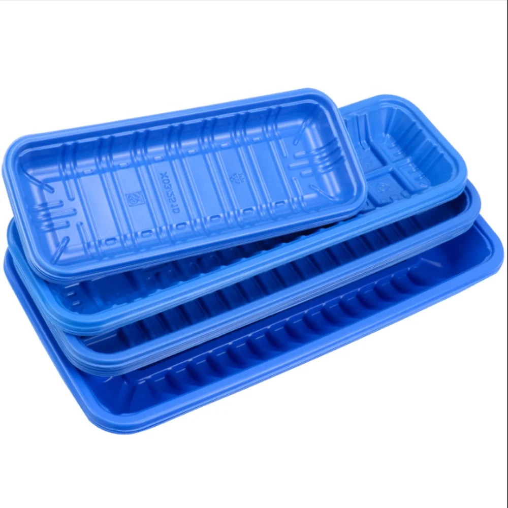 wholesale disposable supermarket frozen meat/seafood plastic trays RPP/PP blue blister food packaging container