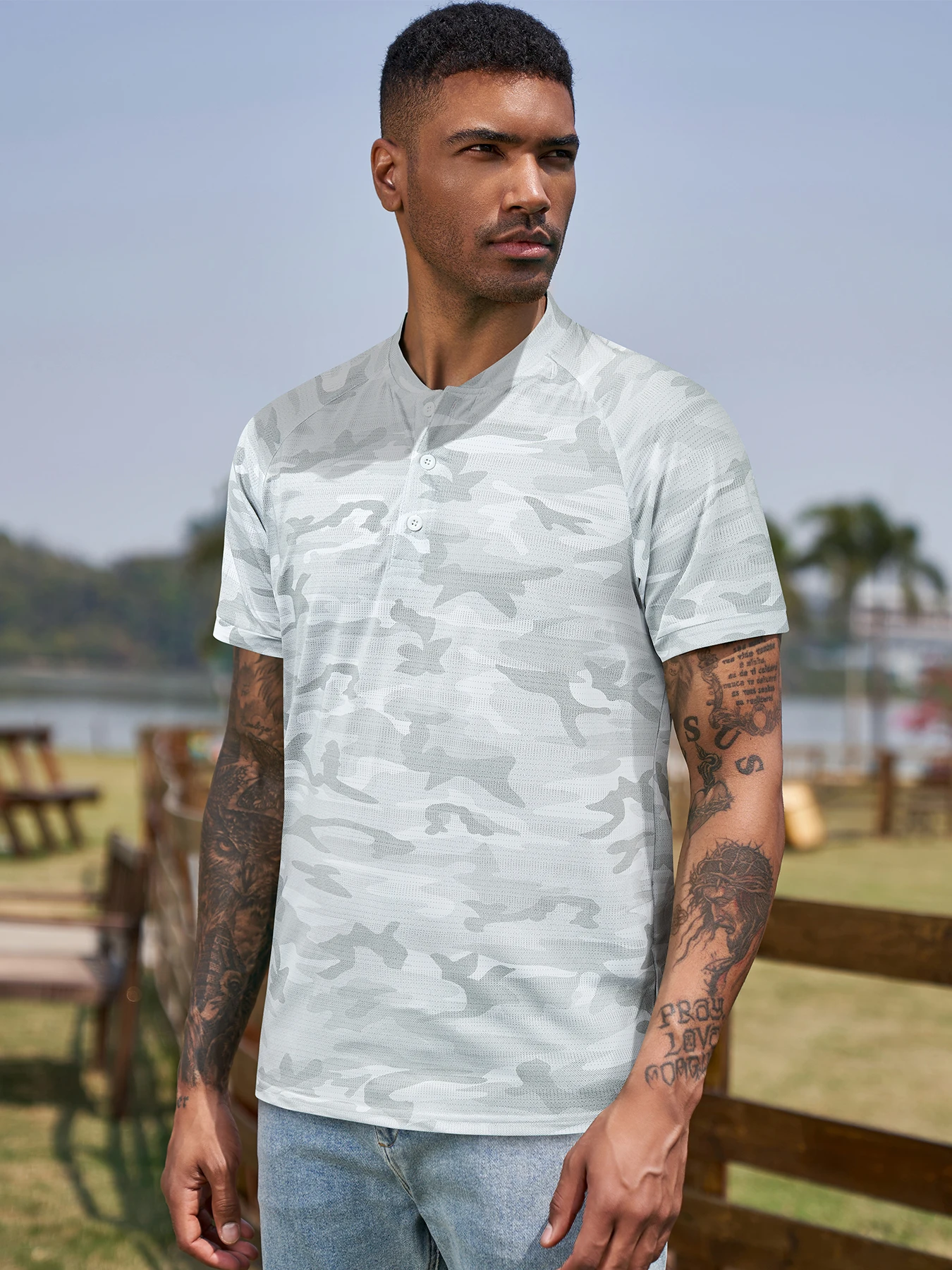 Men blade collar golf polo shirts UPF 50+ sun protection camouflage printing light weight quick dry tshirt  Camo Tops Hot Sale