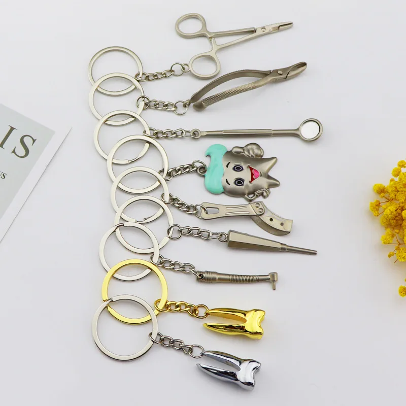 Tooth Keychain Dentist Tool Metal key chain dentists Dental Hospital Clinic Giveaway Gift Cartoon Smiling Teeth keyring Key Ring