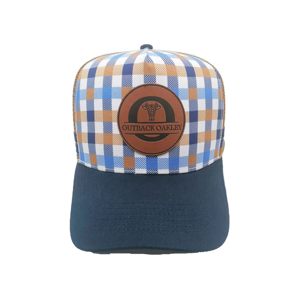 Popular various styles Custom made 5 Panel High Profile Trucker Hat With Leather Patch Logo Double Stripes trucker hats Caps