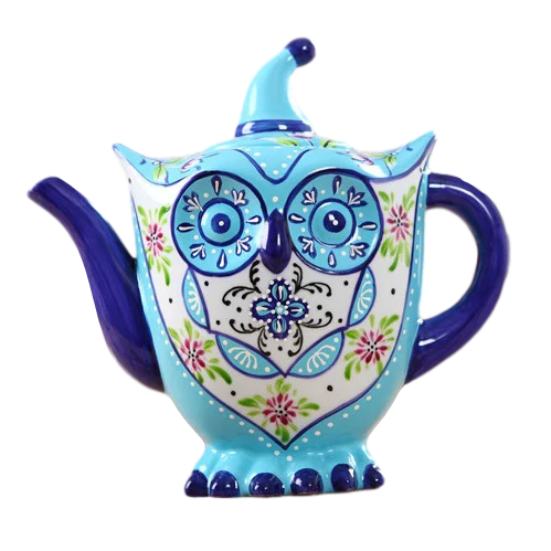 Милый керамический чайник в виде синей совы, фарфоровый чайник ручной росписи в турецком стиле для домашнего использования, кофейник