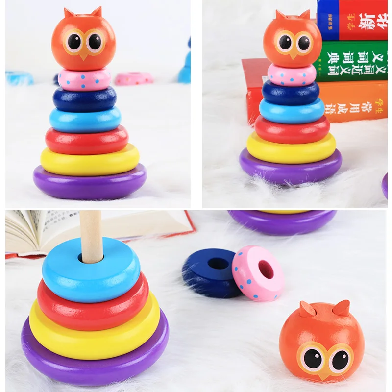 Shape Color Recognition Wooden Tumbler Rainbow Tower Wooden Rainbow Stacker