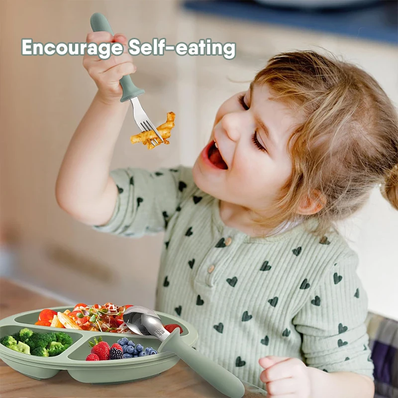 Ready to ship in stock baby feeding spoon sets kids training eating tools food grade silicone easy to carry Fork Spoon