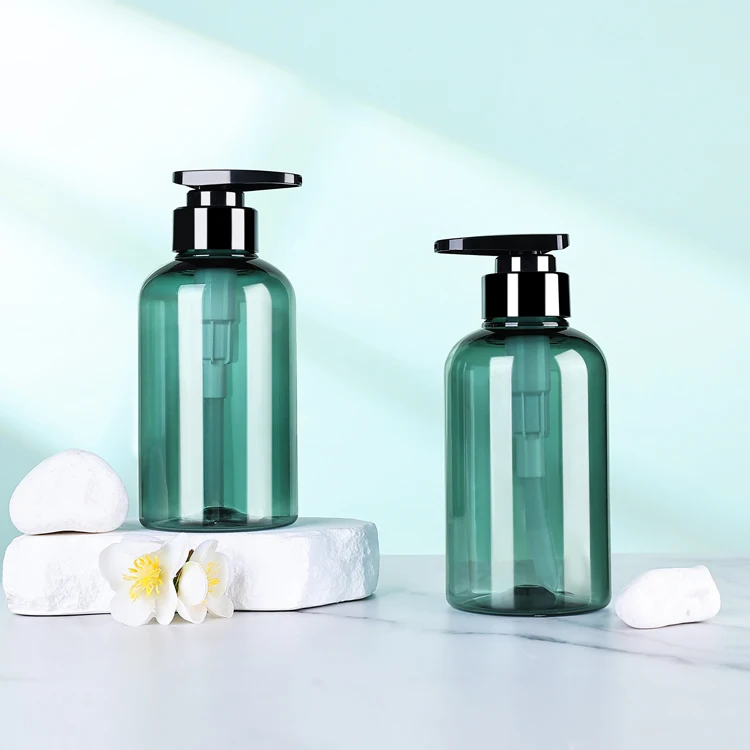 Wholesale 300ml 500ml green PET lotion pump refillable empty round hand sanitizer shower gel shampoo and conditioner bottle