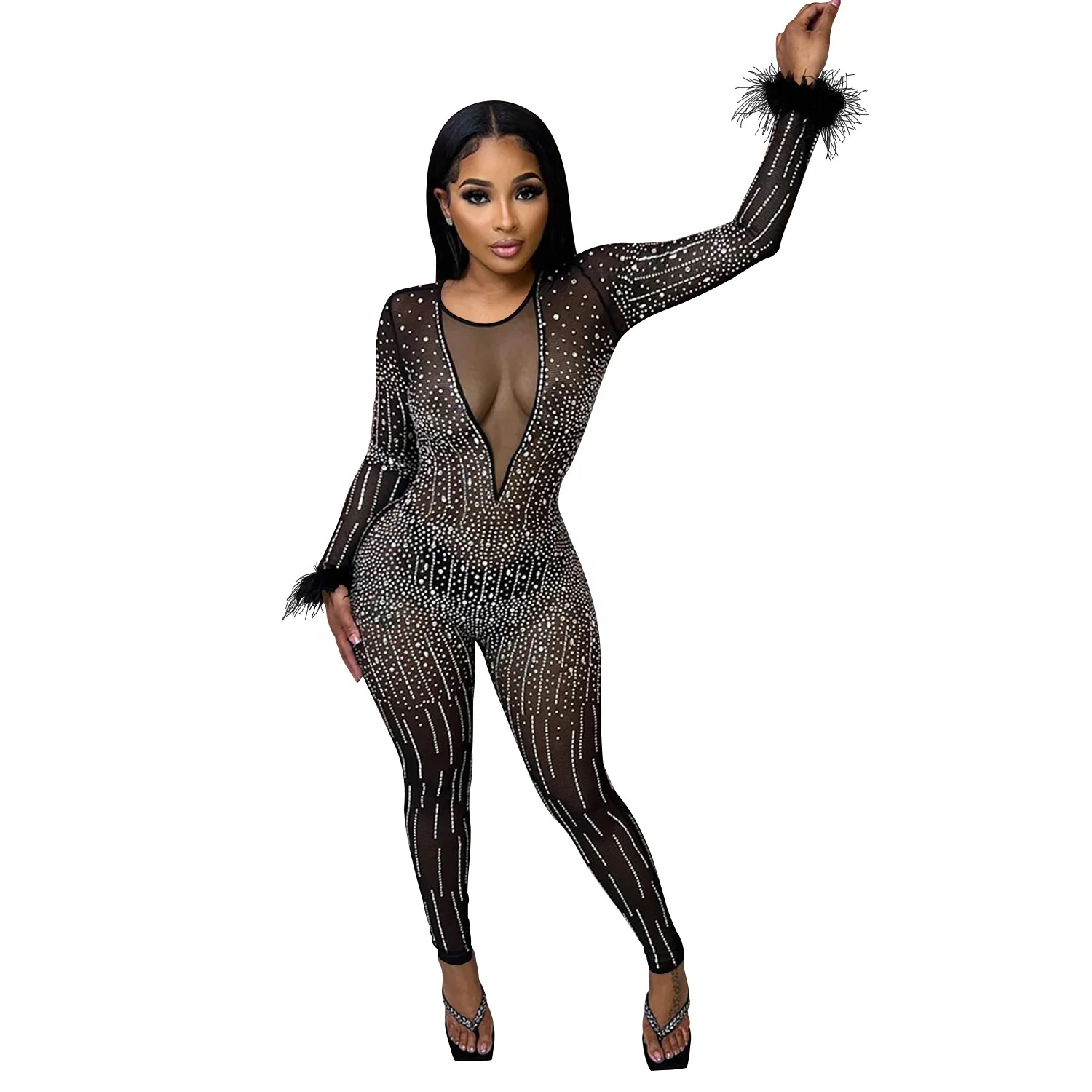 New Arrival Women Sexy Feather Long Sleeve See Through Rhinestone Bodycon Jumpsuit Sheer Mesh Skinny Night Club Party Rompers