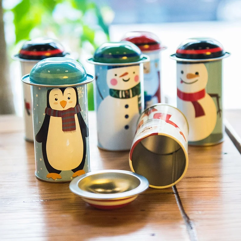 Custom christmas Cylindrical shaped candy trinket gift metal tin box Cute hat Candy can