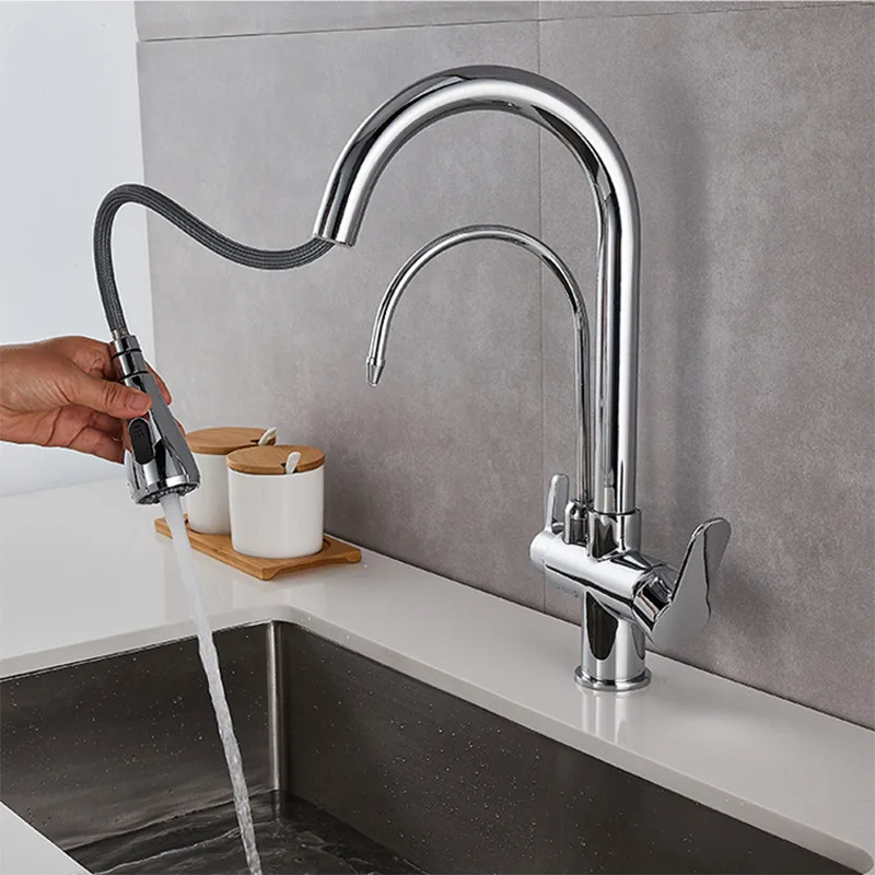 Kitchen Faucet Brass Body 2 Handles for Drinking Water 3 Way Modern Faucet Chrome Alloy Contemporary Ceramic Kitchen Tap Brushed