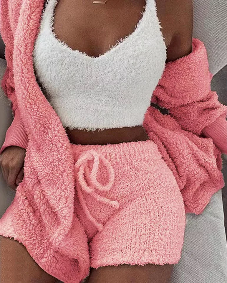 
HQC-JR Sexy crop tops three piece shorts set women clothing lamb wool knitted plush home wear 5xl 