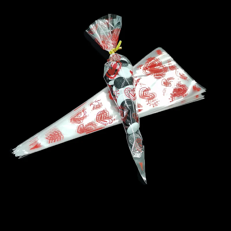 2024 Sales Promotion Popular Lollipop Bag Conical Plastic Bags Preserved Candy Chocolate Displaying Cellophane Cone Pastry Bag