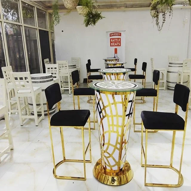 glass top gold stainless steel frame bar cocktail table for party