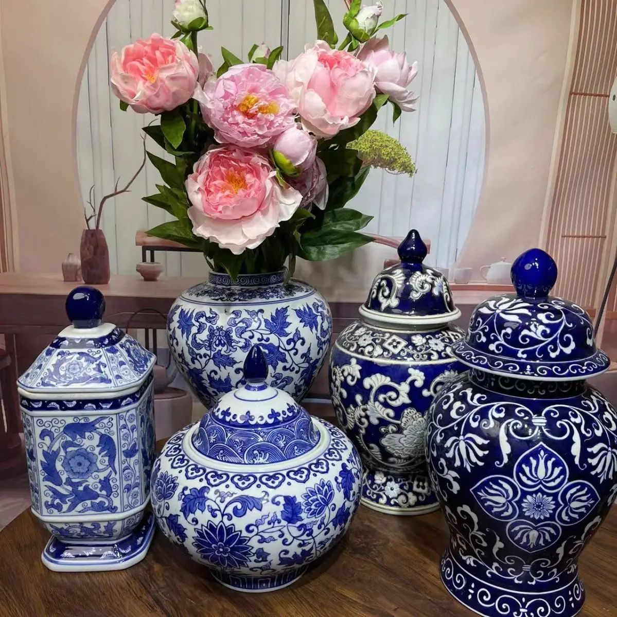 Hand-Painted Blue White Ceramic Vase New Chinese Style Exquisite Flower Pot Living Room Decorative Stone General Jar Tea Pot