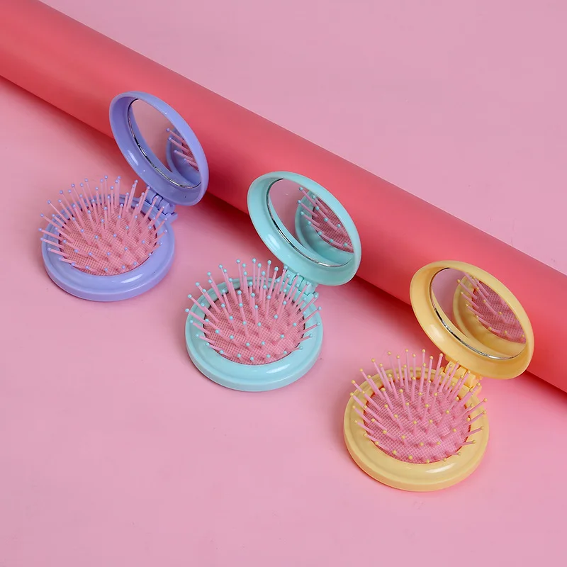 Portable Round Pocket Small Travel Massage Folding Comb Girl Hair Brush With Mirror Styling Tools Detangling hair combs