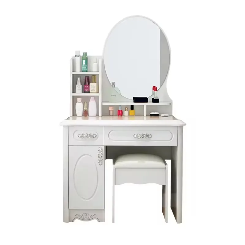 Dressing Table European Small Makeup Table with Oval Mirror and 2 Drawers and Door for Bedroom Dressing Room White