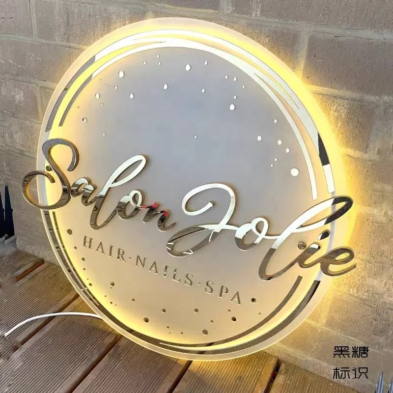 Acrylic mirror gold Sign Salon business sign customized logo Wall 3d Business name sign