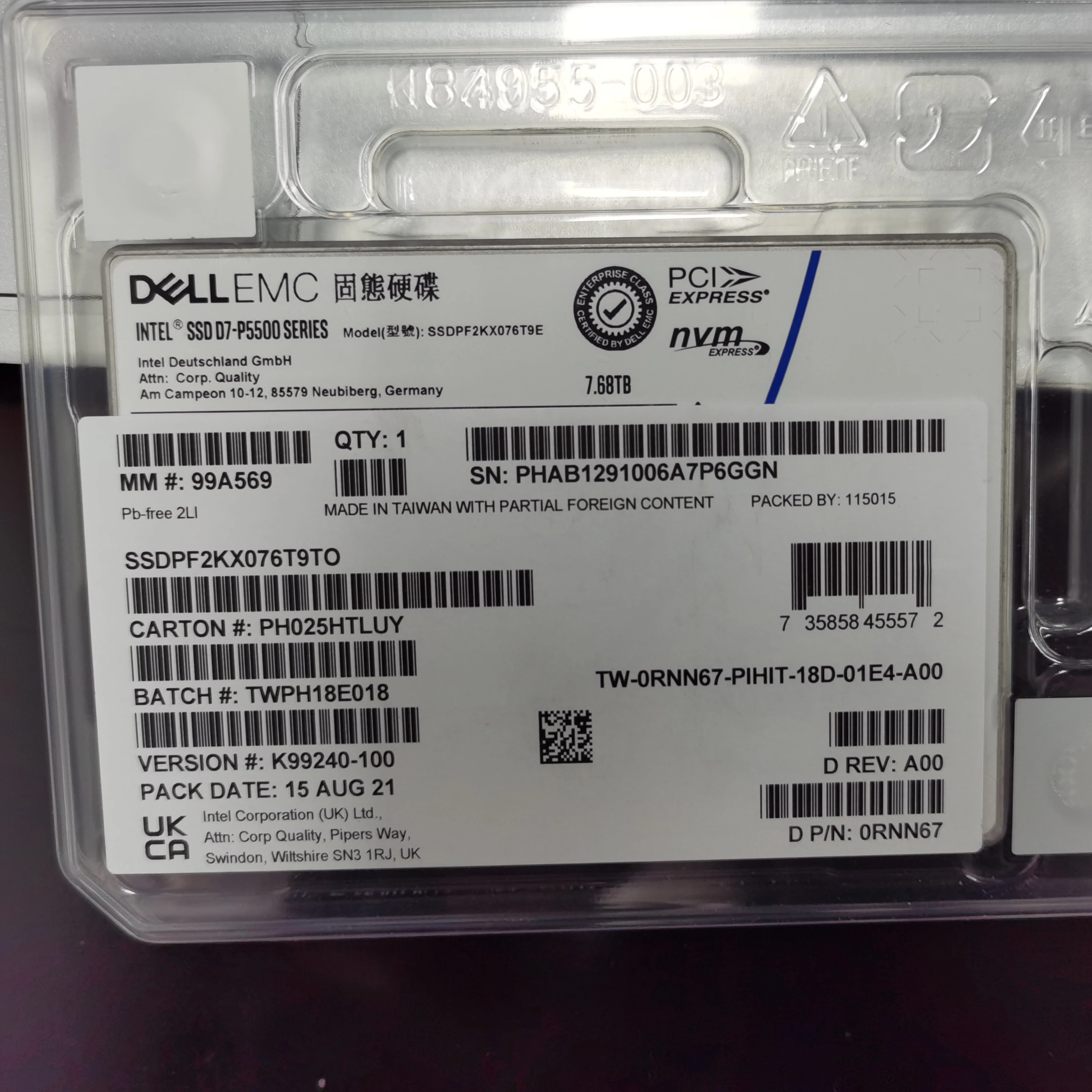 Твердотельный накопитель SSDPF2KX076T9E P5500 7 68 ТБ Pcie 4 0 X4 Nvme 1.3c TLC