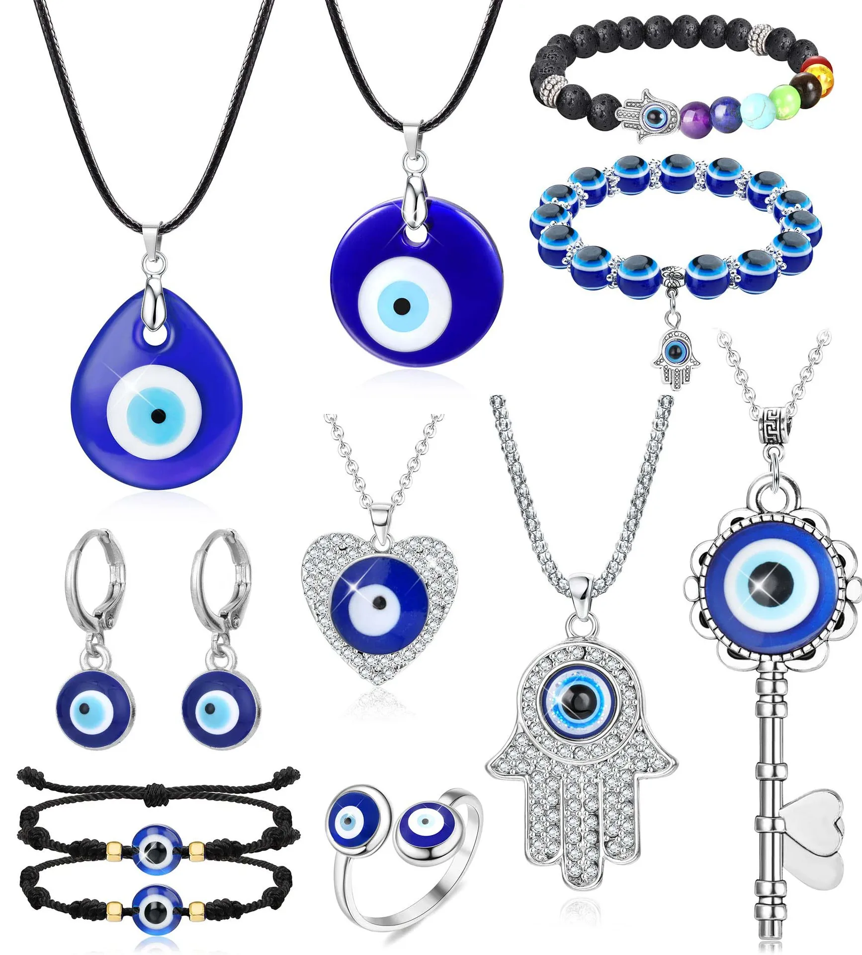 Risingmoon Family Turkish Blue Eye Necklace Bracelet Earring Fatima Evil Eye Set