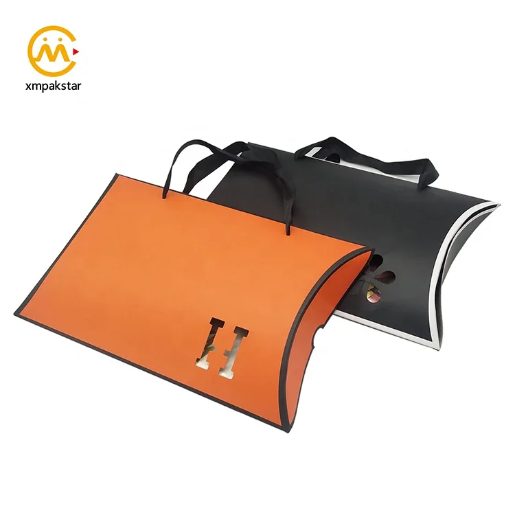 Custom size eco friendly recycled beautiful large paper pillow gift packaging product boxes with ribbon handle