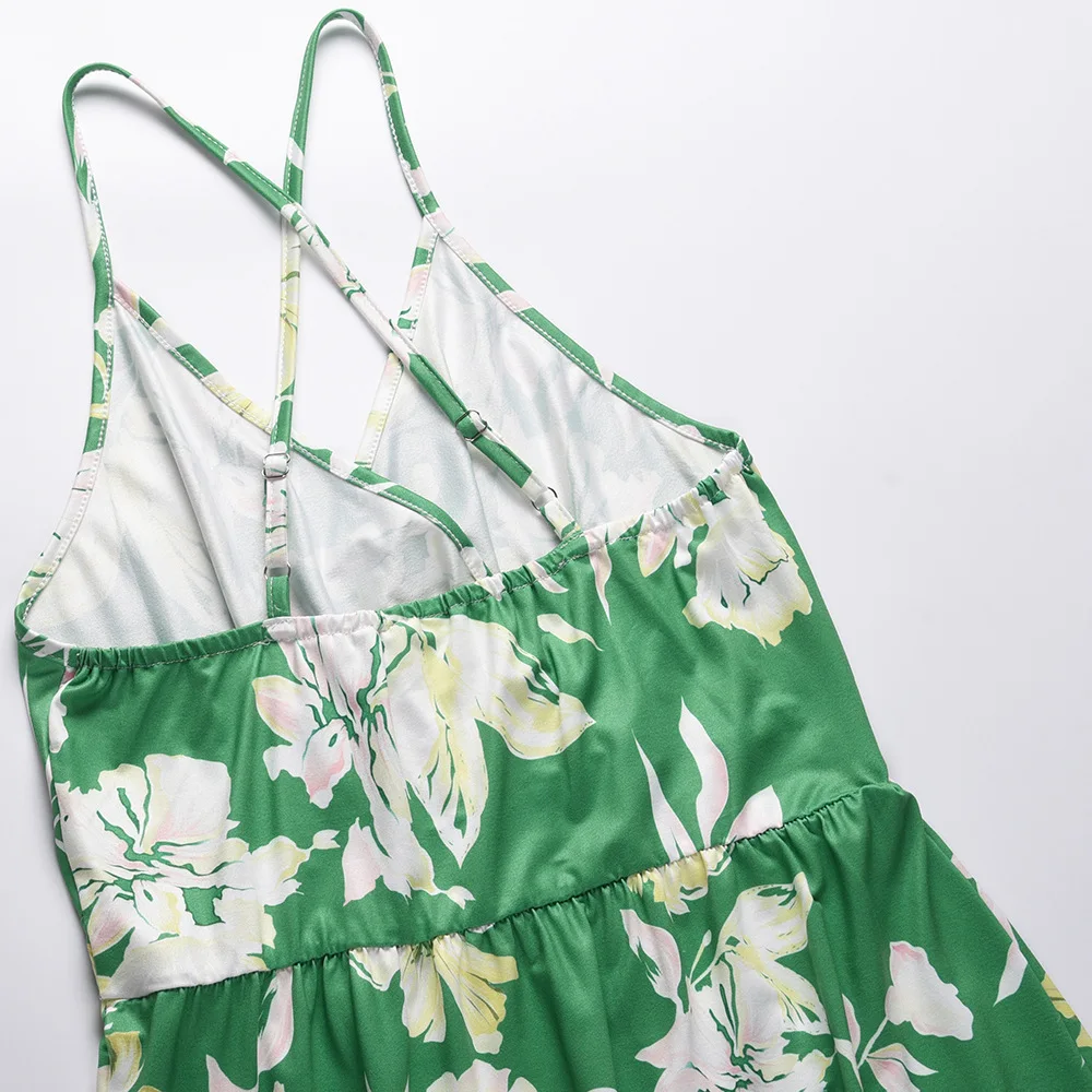 2023 Spring Summer Flower Printed Hawaii Dress Lady Sleeveless Patchwork Beach Vacation Long Women Maxi Casual Dresses