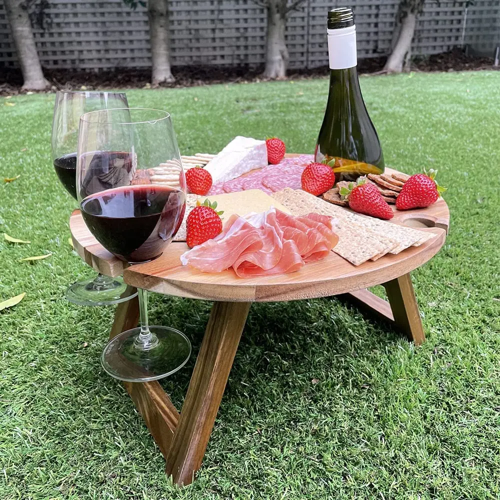 Outdoor Wine Picnic Table, Large Folding Portable Bamboo Snack & Cheese Tray with 4 Wine Glasses Holder for Concerts at Park