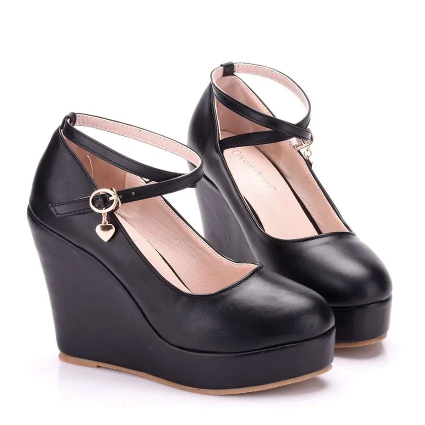 Black Ankle Strap Round Toe Platform High Heels Wedge Pump Shoes Daily Platform Wedge Shoes Heels