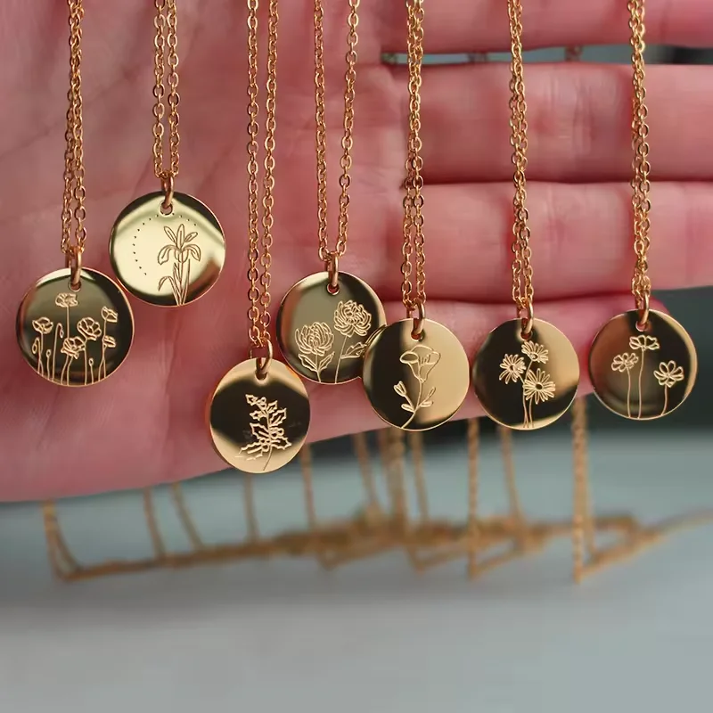 Personalized Engraved Wildflower 12 Month Birth Sign Pendant Customized Dainty Gold Birth Flower Necklace Women Birthday Gift
