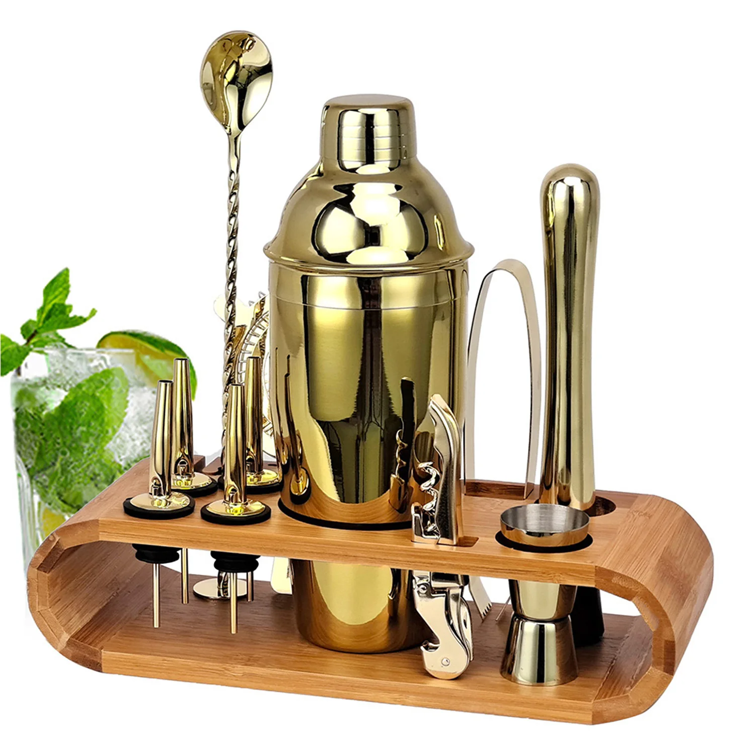 Luxury Premium Stainless Steel 12 Pcs Bar Ware Tools Bar Set With Gold Plating And Wooden Stand