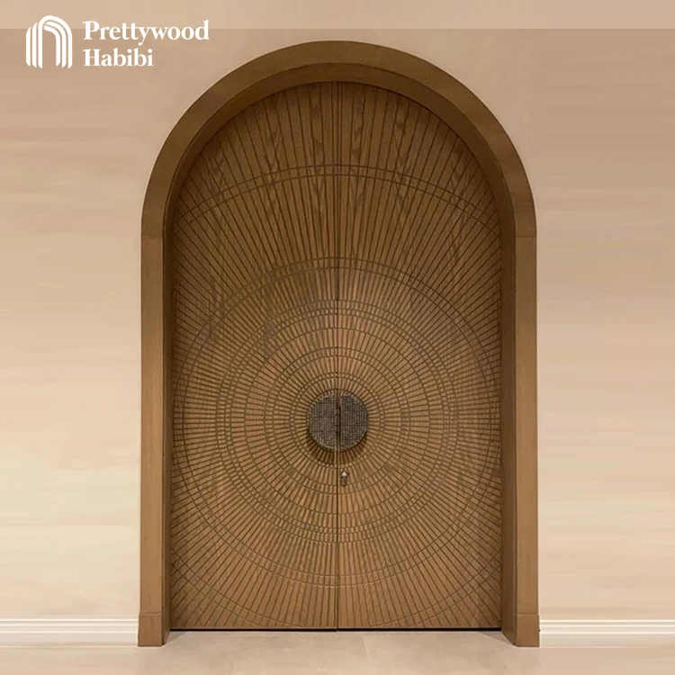 Prettywood Prehung Waterproof Luxury Modern Geometry Circle Design Double Swing Solid Wooden Arched Door For Houses
