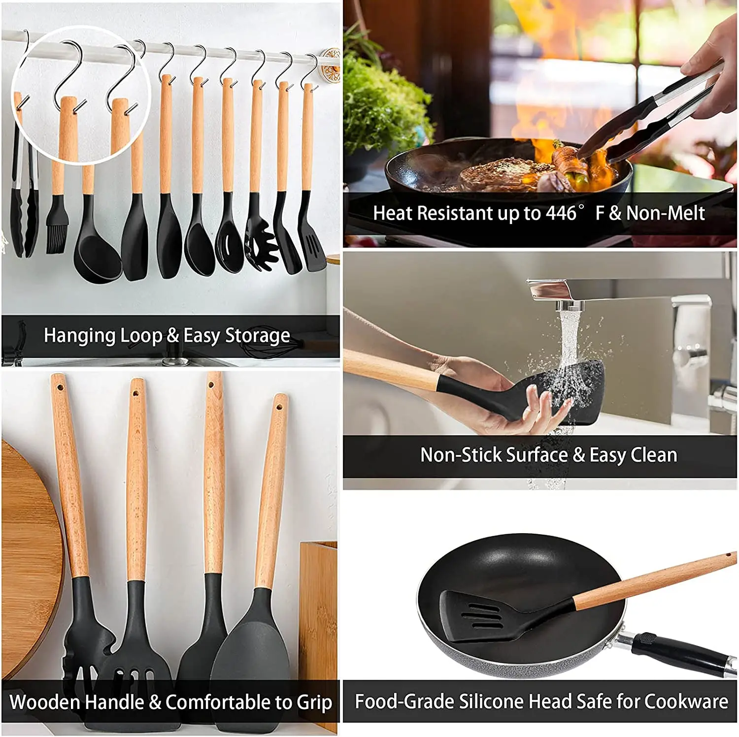 Amazon Top Seller 12Pcs Kitchen Gadgets Non Stick Silicone Spatula Turner Kitchen Utensils Set with Wooden Handle