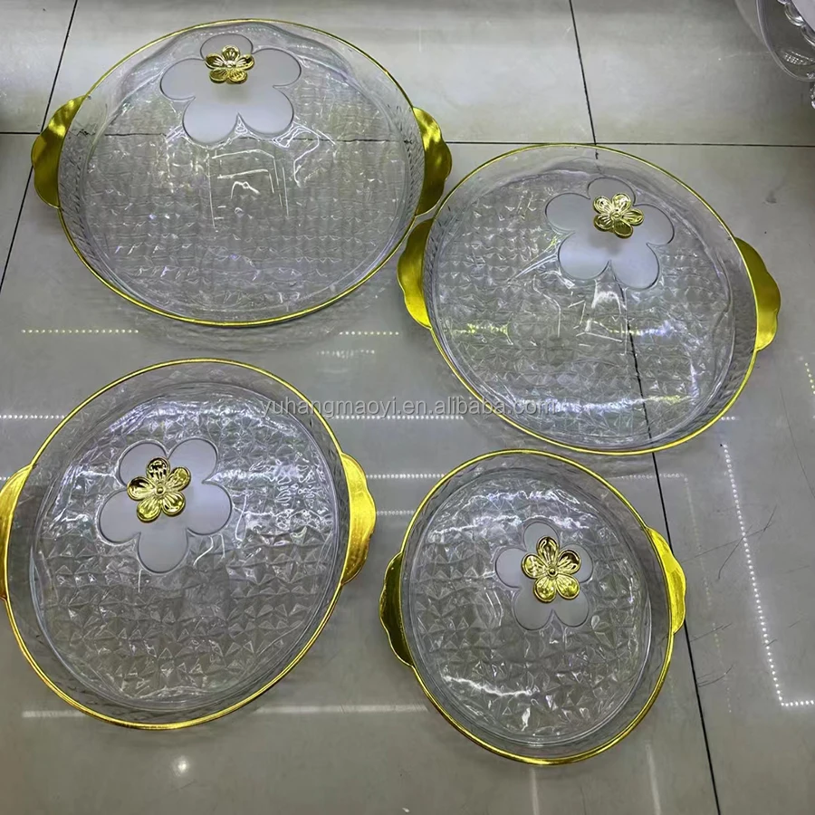 Cheap Luxury Gold Circular Tray With Hand Lid Round Plastic Fruit Dish For Home Living Room Snacks Dishes With Lids Storage Tray