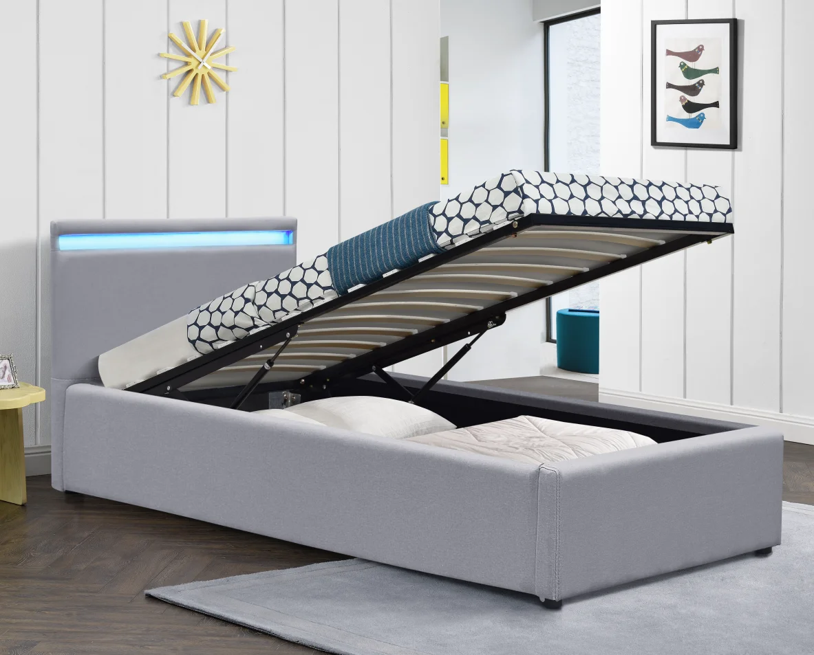 Заводская цена, светло-серая льняная ткань, одиночная мягкая светодиодная кровать с газовым подъемником для спальни