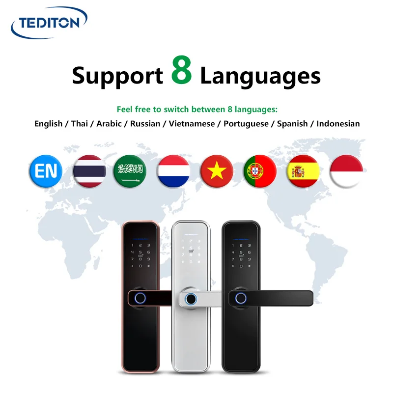 Tediton Customized Multiple National Languages Security Tuya Wifi Fingerprint Digital Smart Door Lock