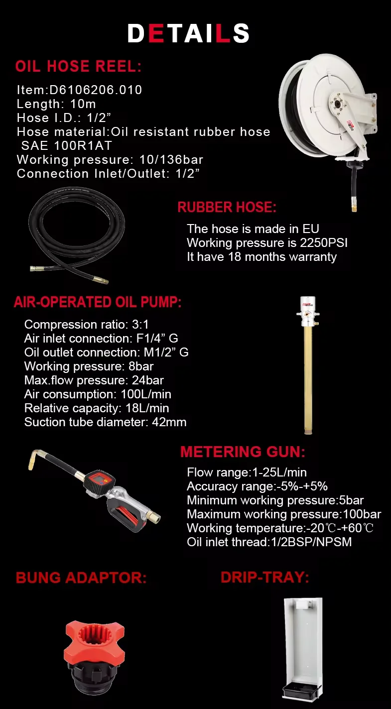Wall Mount Pneumatic IBC Tank Barrel Lubricating Oil Drum Pump with Hose Reel Counter Meter