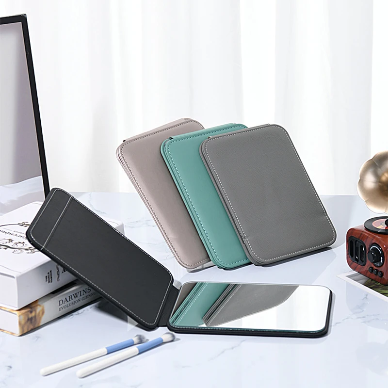 Portable Folding Large Makeup Mirror Pink PU Leather Vanity Mirror With Stand For Desk Table